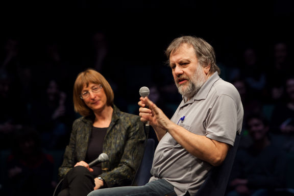 Alenka Zupančič and Slavoj Žižek at the panel Who's the One Lying Here?, World Literatures - Fabula Festival, 2015.