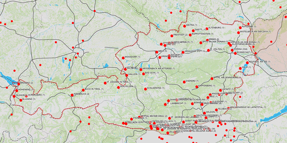 Online version (printscreen) of interactive Culture from Slovenia World Map, featuring events in Austria. Collected 2010–2018 by Ljudmila Art and Science Laboratory for the Culture.si database of events worldwide.