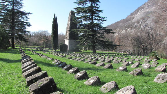 A World War I cemetery on the bank of the Soča river. One passes it on the lower part of the Walk of Peace.