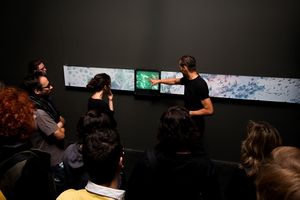 <!--LINK'" 0:823--> presenting their interactive installation project <i>Modux 3.4</i> at <i>Ars Electronica</i>, Linz, 2008