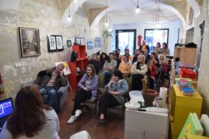 A travelogue lecture at the so called <i>Rajzefiber biro</i>, 2017