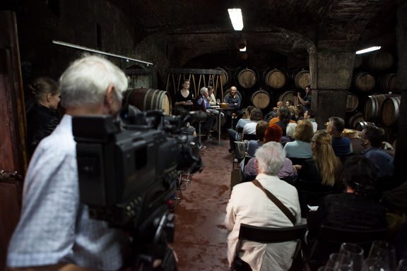 One of the so-called Wicked Tastings with the invited literary guests and vintners, in an intimate local space, Days of Poetry and Wine Festival, 2014