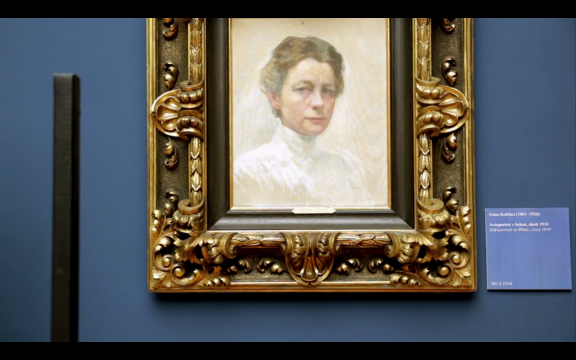 A still frame from Kulturnik.si promo video featuring Ivana Kobilica's self-portrait in the National Gallery of Slovenia. Kobilica (1861–1926) was at the time the most prominent women painter who worked in Vienna, Munich, Paris, Sarajevo, Berlin, and Ljubljana. 2013