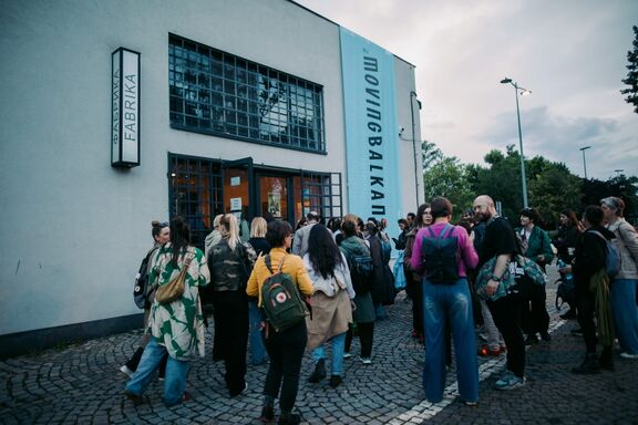 The audience of the multimedia performance Appropriations:territory at the 2026 Moving Balkans Showcase Festival in Novi Sad, Serbia.