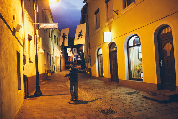The streets of Ravne na Horoškem and its jazz themed decorations during the Festival of Slovenian Jazz, 2015