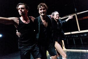 Primož Bezjak, Branko Jordan, and Katarina Stegnar from collective <!--LINK'" 0:630--> in their performance <i>Grosse Erwartungen</i>. Author: Nada Žgank