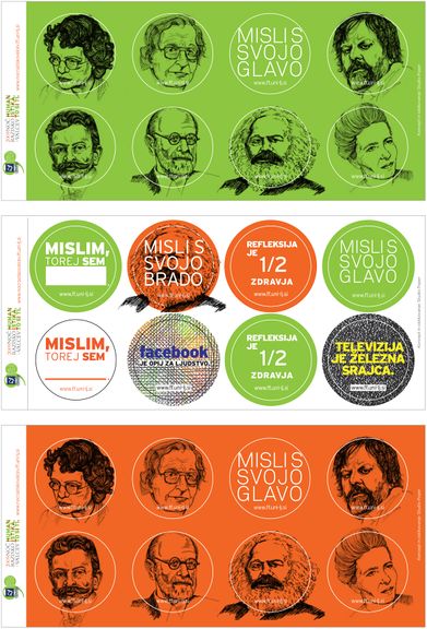 Campaign created for the Faculty of Arts, University of Ljubljana by Poper Studio; badges include images of philosophers and the faculty's moto "Think with your head." - "Misli s svojo glavo.", 2009