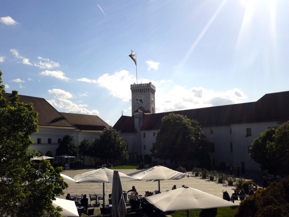 Ljubljana Castle courtyard, venue for performing arts events, exhibition projects and film screenings i.e. Kinodvor Cinema's Film under the Stars during the summertime. Viewing tower in the background, 2012