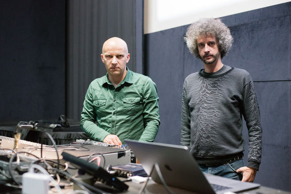 Franck Vigroux and Kurt d'Haeseleer at Slovenian Cinematheque, Sonica International Festival of Transitory Art, 2017.