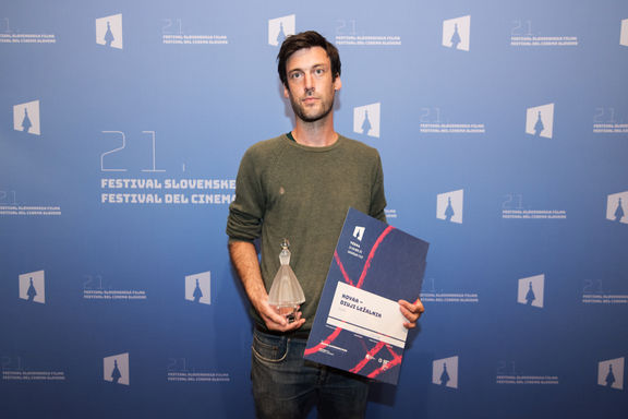 Kolja Saksida, the winner of Vesna Award at 21. Festival of Slovenian Film at Portorož Auditorium, 2018.