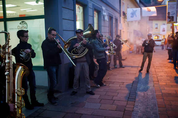 Kar Češ Brass Band performing on the streets of Ravne na Koroškem during Festival of Slovenian Jazz, 2015