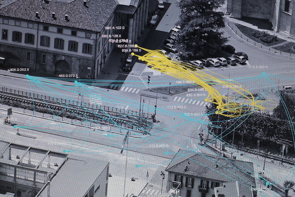 A computer animation on a digital photograph of the Antonio Ratti Foundation in the city of Como, by the Slovene art collective BridA, as part of their project Trackeds, which explores the different dynamics of movement, as well as the topographic structures of a city, 2008.