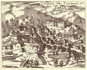 Copper engraving of <!--LINK'" 0:322-->, including the mercury mine, by <!--LINK'" 0:323--> (published in his <i>The Glory of the Duchy of Carniola</i>), 1689