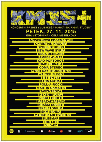 A poster for the 2015 edition of the Radio Študent Benefit Festival, programmed as to honour the 15th anniversary of Club Marathon