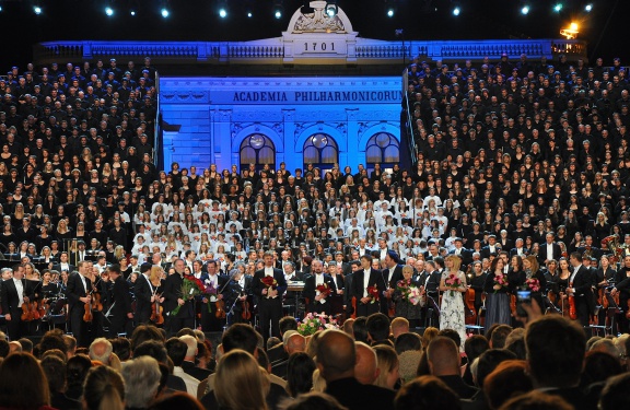 Gustav Mahler's Symphony No.8, performed by the Zagreb and Slovene Philharmonic Orchestras together with 21 Croatian and Slovene choirs. The concert took place in 2011 on the square in front of the Slovene Philharmonic as the opening event of the Festival Ljubljana.