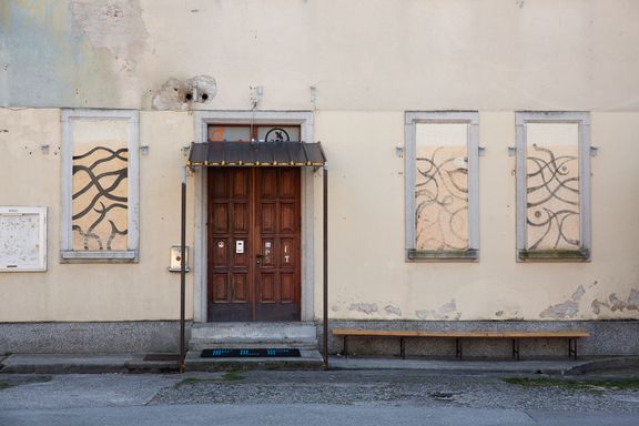 The front door of the independent club Klub Baza, a venue which hosts various cultural activities.