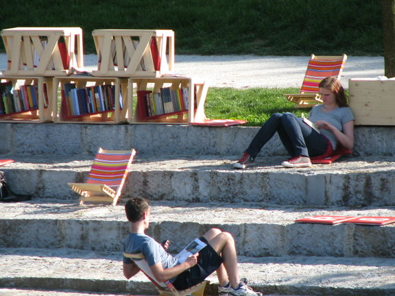 One of several pleasantly shady open air reading spots created for The Library Under the Trees project, World Literatures - Fabula Festival, 2010