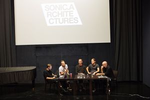 Moderator <!--LINK'" 0:582--> and the three speakers were joined onstage for a discussion by <!--LINK'" 0:583--> aka <!--LINK'" 0:584-->, SONIC.ARCHITECTURES Symposium at <!--LINK'" 0:585--> organised by <!--LINK'" 0:586-->, 2016.