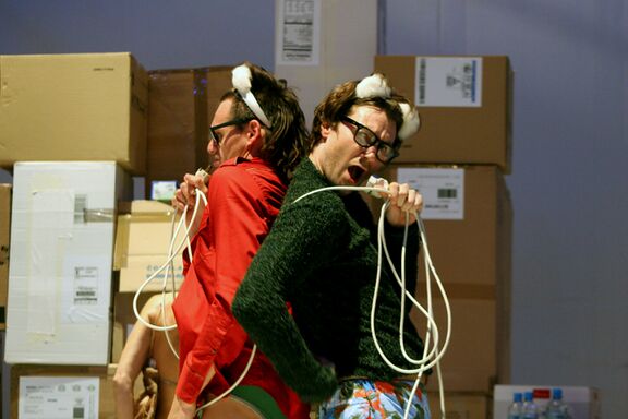 Primož Bezjak and Branko Jordan from Beton Ltd. collective in their first production SO FAR AWAY: Introduction to Ego-logy, produced by Bunker Institute in 2010. Author: Urška Boljkovac