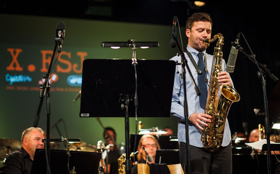 The New York based Slovene saxophonist Jure Pukl playing at Festival of Slovenian Jazz together with RTV Slovenia Big Band, 2014