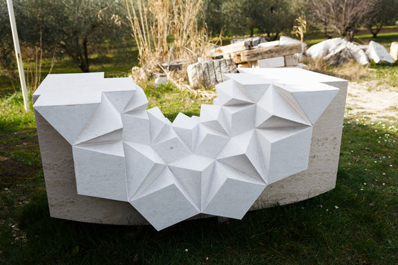 Sunrise by Behnam Akharbin Moghanlou, made in 2019 for the Forma Viva Open Air Stone Sculpture Collection, Portorož.