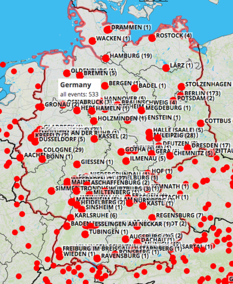 Online version (printscreen) of interactive Culture from Slovenia World Map, featuring events in Germany. Collected 2010–2018 by Ljudmila Art and Science Laboratory for the Culture.si database of events worldwide.