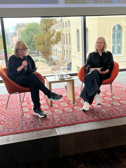 The Head of SKICA Berlin, Saša Šavel Burkart, in conversation with Marion Ackermann, the President of the Prussian Cultural Heritage Foundation (Stiftung Preußischer Kulturbesitz), 2025.