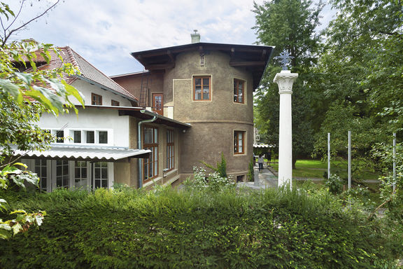 The architect Jože Plečnik moved to a single-storey house at Karunova Street 4 in Ljubljana's Trnovo district in 1921, and extended it with a cylindrical tower in 1924. Plečnik House exterior, renovated in 2015.