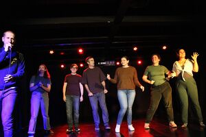 Improviser Peter Frankl and the improv class group Awkward Silence performing at the Pionirski Theatre in 2025.