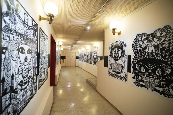 The exhibition by Animateka's artist in residence, comic artist, illustrator, animator and musician Caroline Sury at Kinodvor Cinema, 2017.