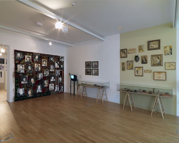 1:1 Stopover installation at the Museum of Contemporary Art Metelkova, Ljubljana, 2013-2014. The Collection, The Museum and The History presented by Walter Benjamin. Left: Kunsthistorisches Mausoleum, Belgrade, Observing the Observer, 2003. Right: Salon de Fleurus, New York, From The Autobiography of Alice B. Toklas, 1992.