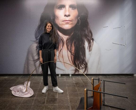 The artist Maja Babič Košir at the exhibition "Dear Father" at the HAUNT Centre for Art and Ecology, Berlin, 2026. Photo: Regina Sablotny