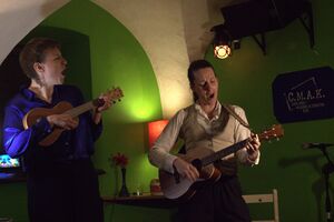 Maja Dekleva Lapajne and Alenka Marinič performing <i>Iz vode na kopno</i> music theatre show at the 10th <!--LINK'" 0:715-->, 2023.