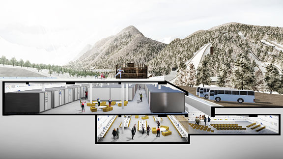 A render of the underground hall (winter time) in the Nordic Centre Planica complex. STVAR architects, 2015.