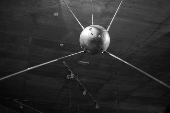A replica of Sputnik 1, the first artificial satellite in the world to be put into outer space, part of the permanent exhibition at the Cultural Centre of European Space Technologies (KSEVT), 2012