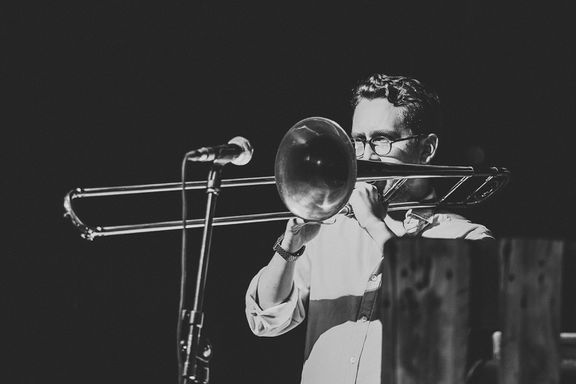 The trombone player/electronica producer Žiga Murko performing at UD Festival, 2015