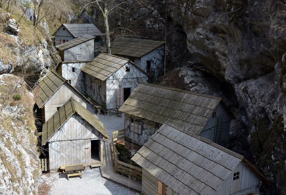 A view of the reconstructed barracs of the Franja Partisan Hospital in May 2010