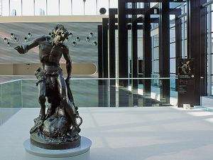 <i>Startled Satyr</i>, a student work by <!--LINK'" 0:30-->, 1894, awarded with Fueger Medal, today set up in the entrance hall of the <!--LINK'" 0:31-->. Zajec was commissioned to make a sculpture of a poet <!--LINK'" 0:32--> for the central square in Ljubljana, unveiled in 1905.