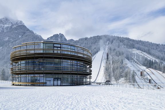 The pavilion and the ski fly hills at the Nordic Centre Planica. The pavilion was conceived by STVAR architects, 2016.