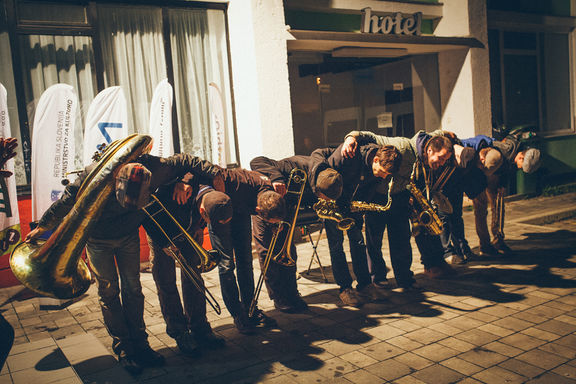Kar Češ Brass Band bowing after performing their New Orleans street jazz flavoured pieces at Festival of Slovenian Jazz, 2015