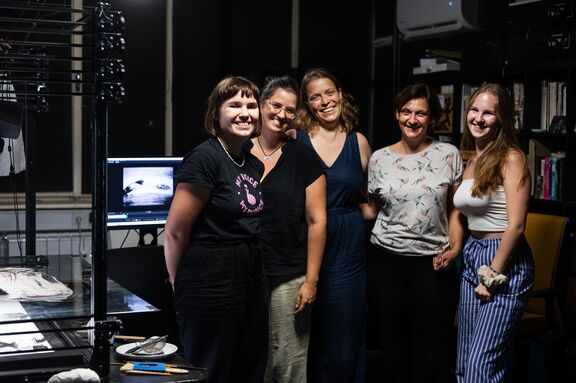 A peer2peer meeting with the DSAF resident Naomi van Niekerk and Slovene animators. organised by the Slovene Animated Film Association at the Finta Studio, 2024. From left to right Ana Prebil, Zarja Menart, Naomi van Niekerk, Špela Čadež, and Špela Klavora.