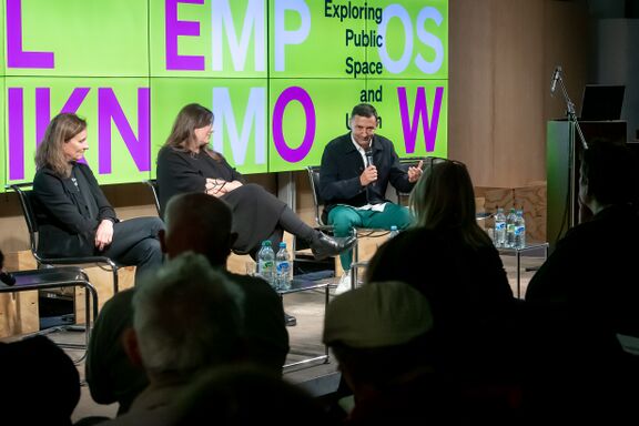 The architects Maruša Zorec and Boštjan Vuga with the director of Museum of Architecture and Design Maja Vardjan at the symposium Plečnik Now in Berlin in 2022. Photo: Regina Sablotny